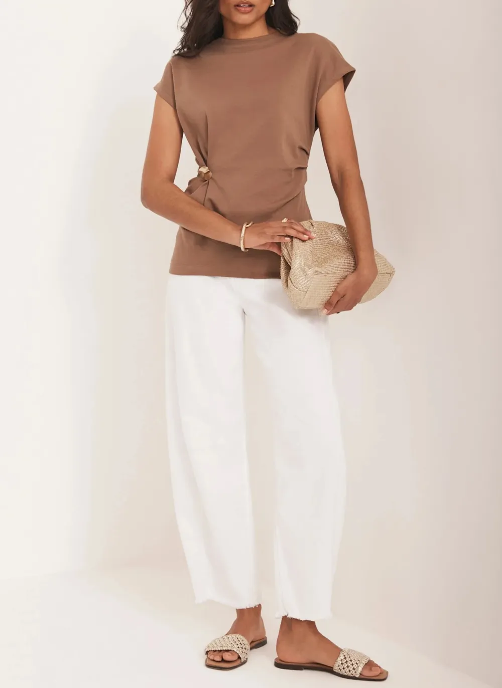 Casual Style Brown Gathered Detail T-Shirt