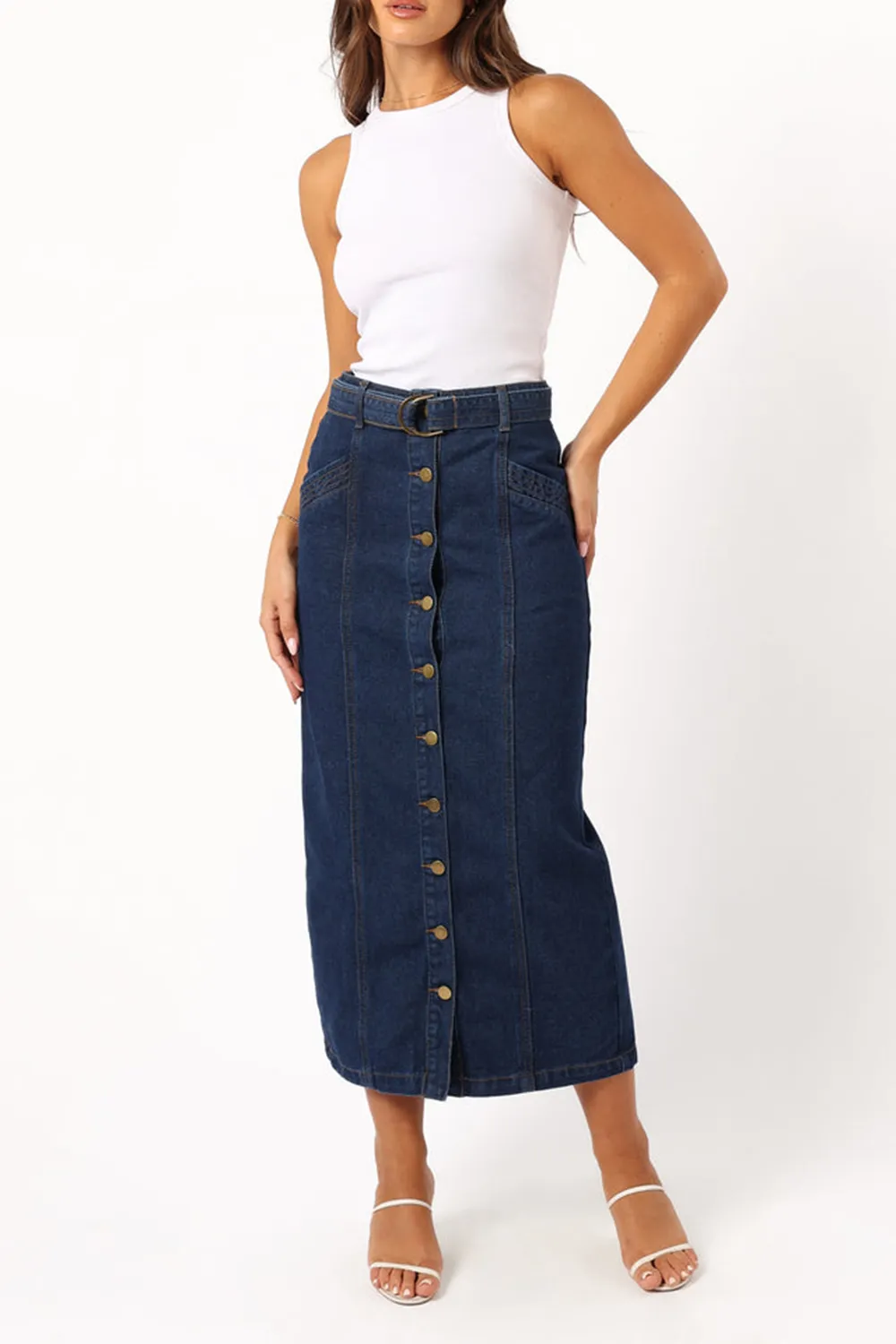 MELODY BELTED DENIM MIDI SKIRT - MID WASH