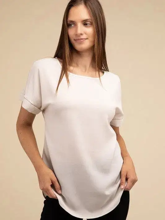 Sweet Basics Rolled Sleeve Boat Neck Top