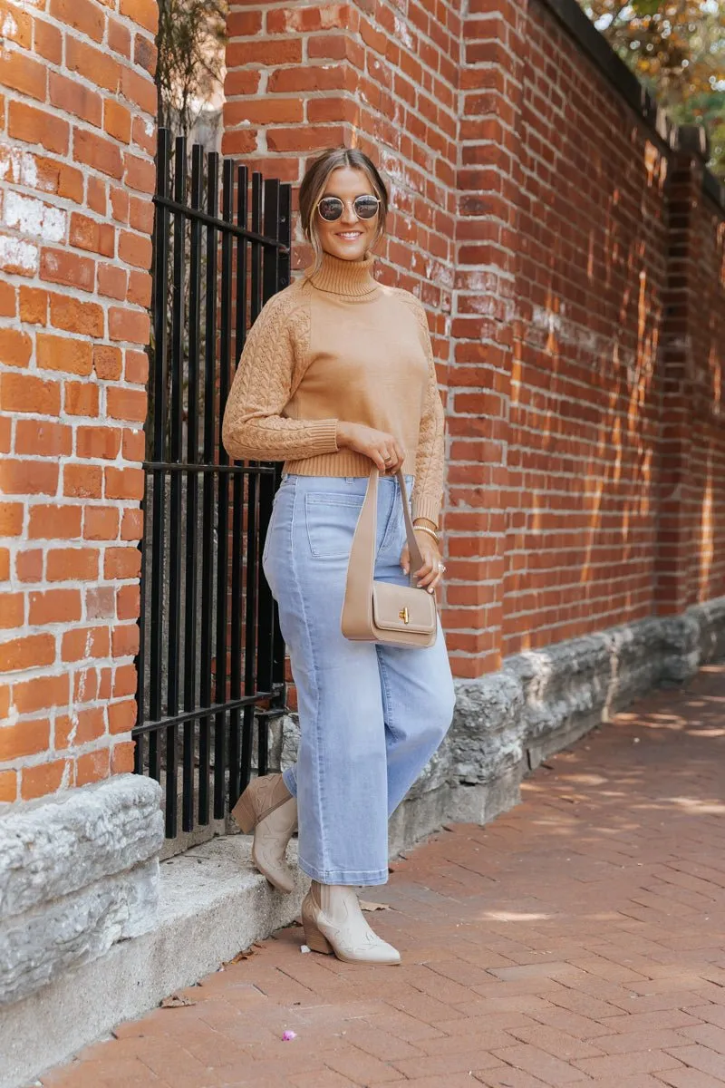 Camel Cable Knit Sleeve Turtleneck Sweater