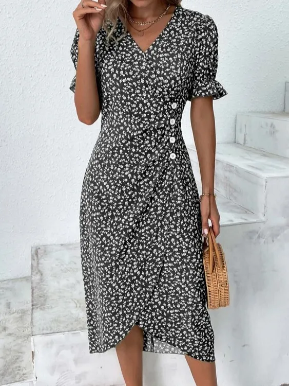 Women Vacation Floral Print V Neck Button Dress