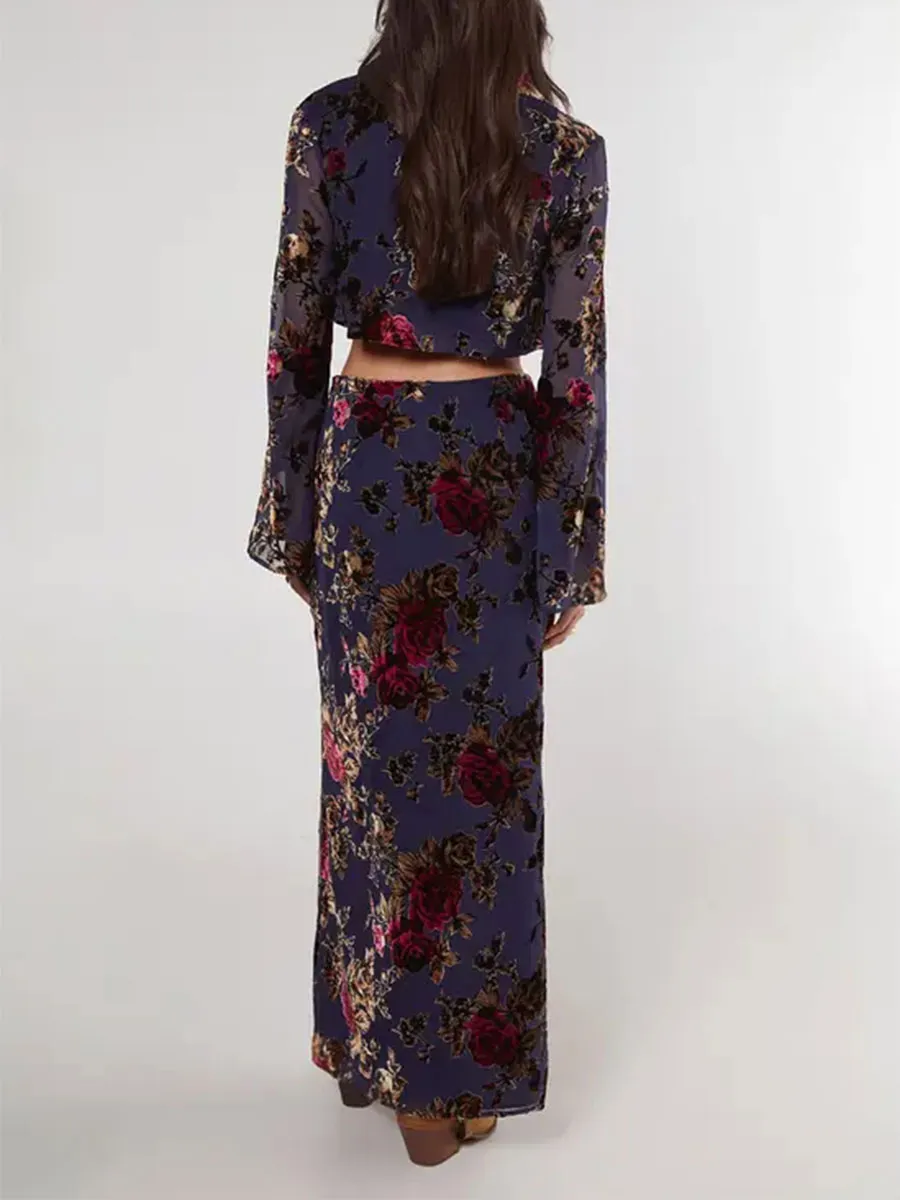 Women's Retro Velvet-Effect Floral Maxi Skirt