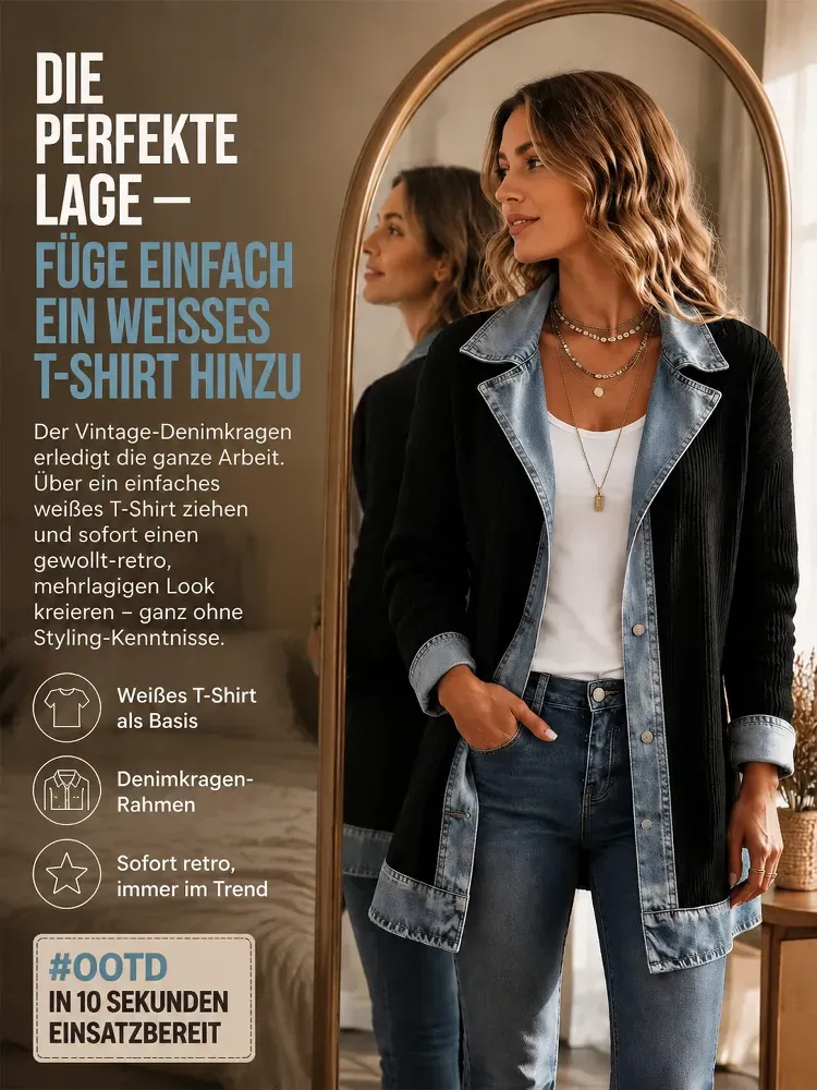 Denim Patchwork Cardigan Faux Two-Piece Set | Women's Cotton Cardigan