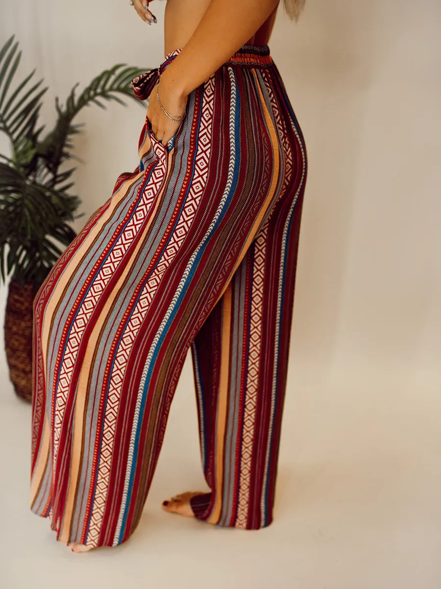 Ethnic pattern stripe pattern with waistband wide leg pants