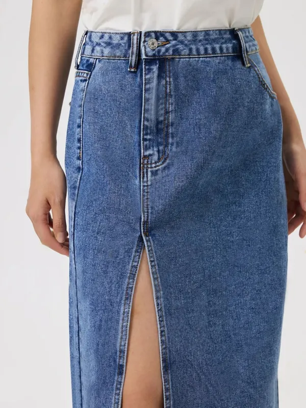 Slit Midi Denim Pockets Skirt