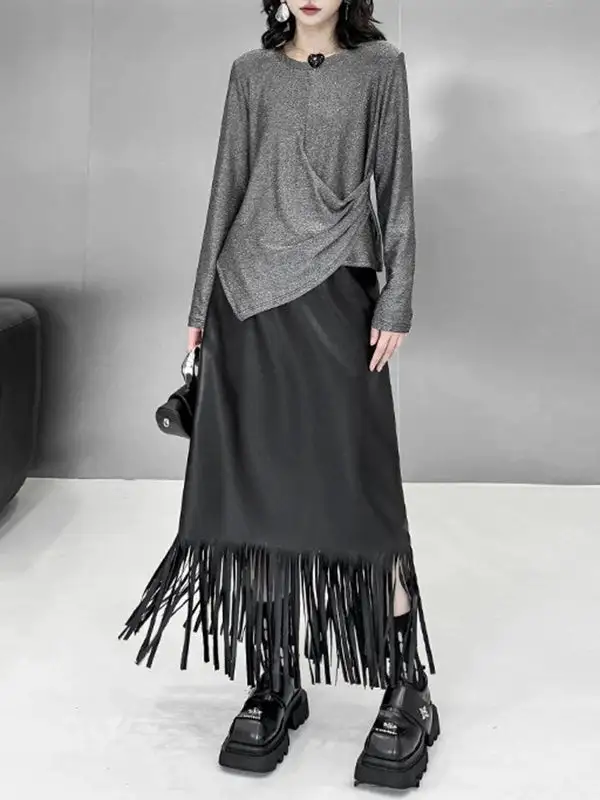 Hipster Long Sleeve Asymmetric Round Neck T-Shirt