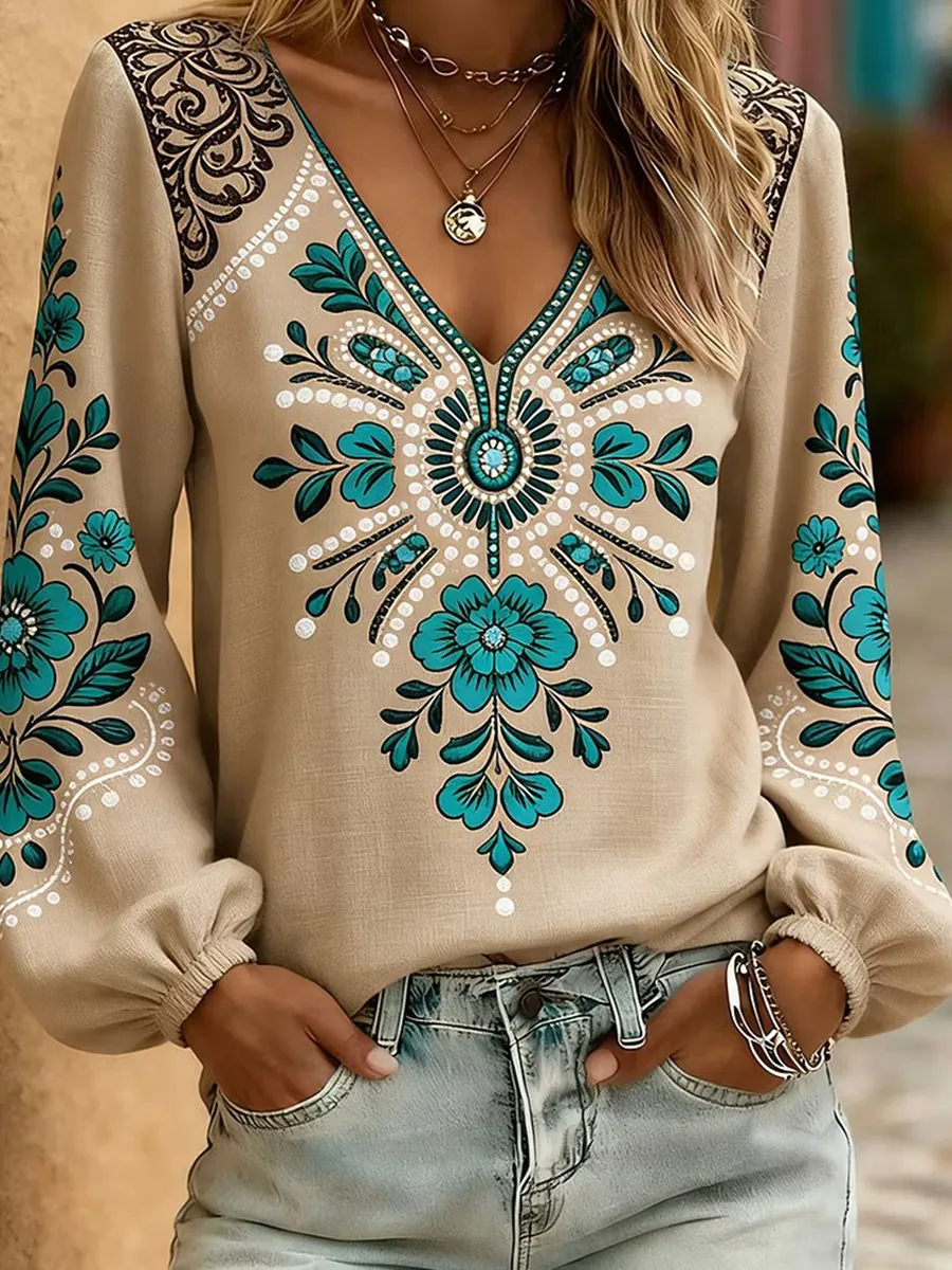 Women'S Western Retro Printed Casual Ruffled Shirt