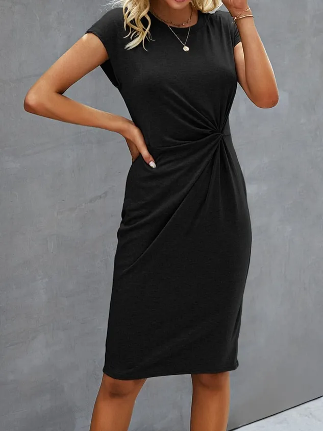 Crew Neck Twist Solid Fitted Dress