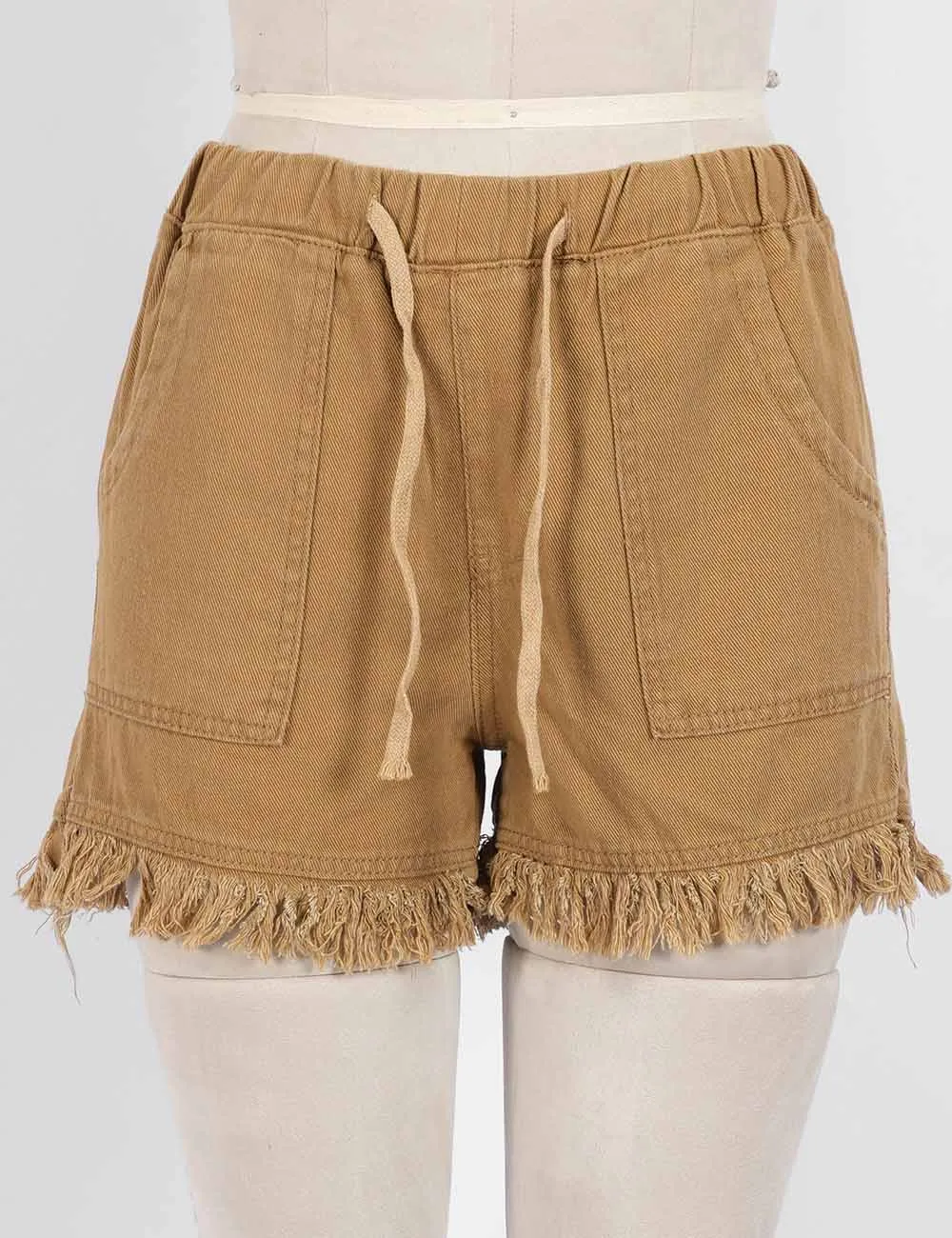 Drawstring Waist Frayed Hem Denim Shorts