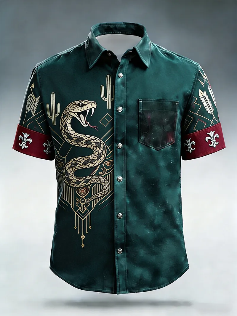 Men's Western Rattlesnake & Cactus Tribal Arrow & Fleur-de-Lis Casual Print Short Sleeve Shirt