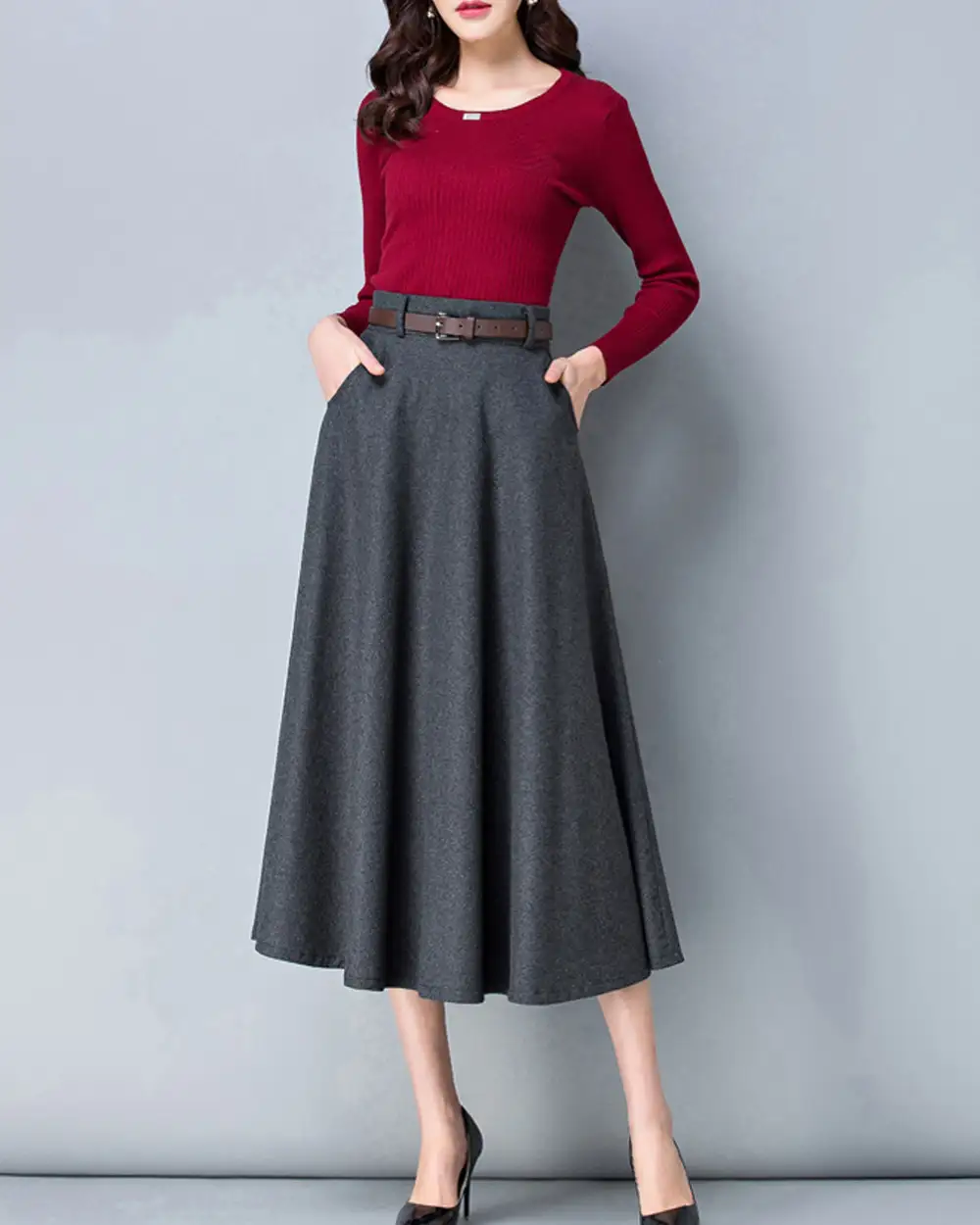Relaxed Belted Wool Flared Maxi Skirt