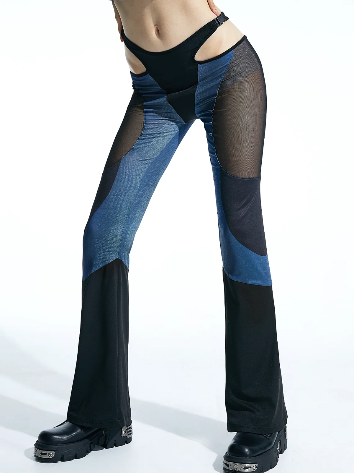 Edgy Blue Cut Out Mesh Patchwork Cyberpunk Bottom Pants