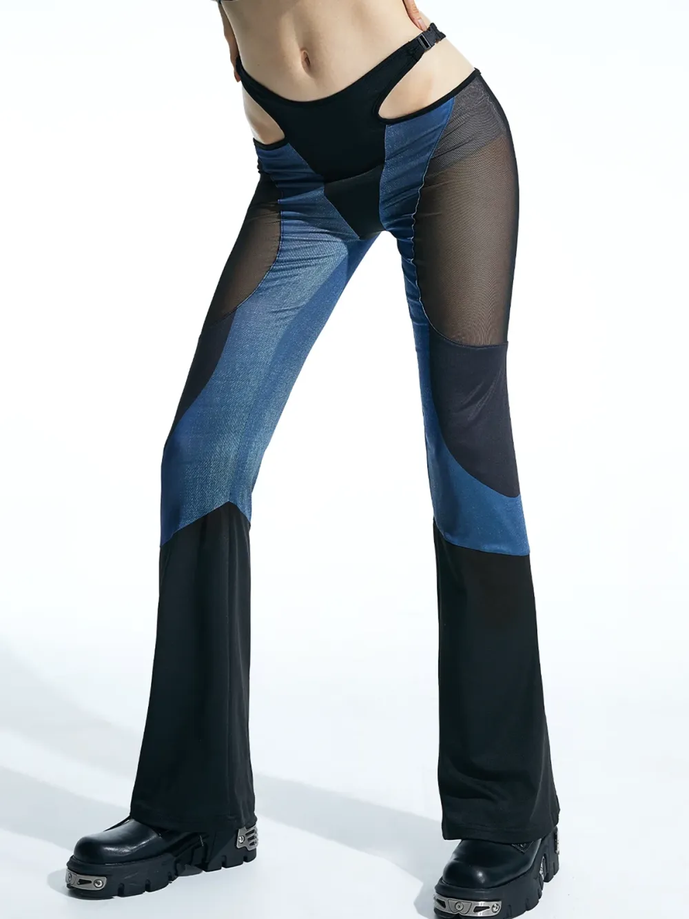 Blue Cut Out Mesh Patchwork Cyberpunk Bottom Pants