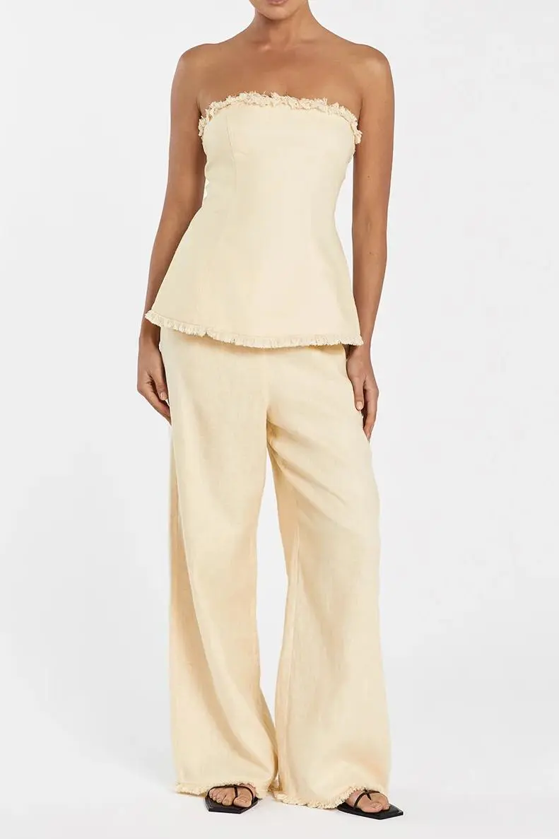 LEMON LINEN FRINGED PANT