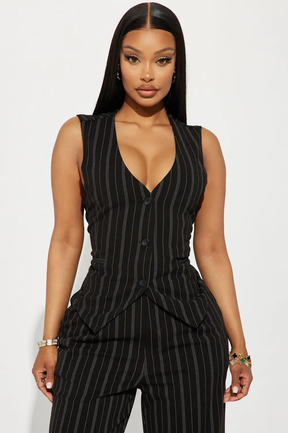 Heidy Pinstripe Vest Pant Set - Black