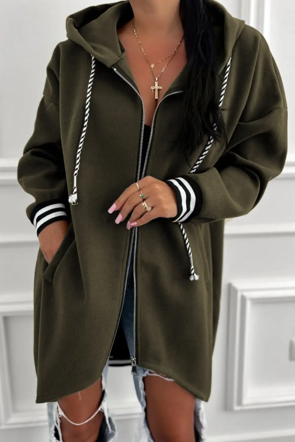 Everyday Zip Detail Drop Shoulder Contrast Trim Hoodie