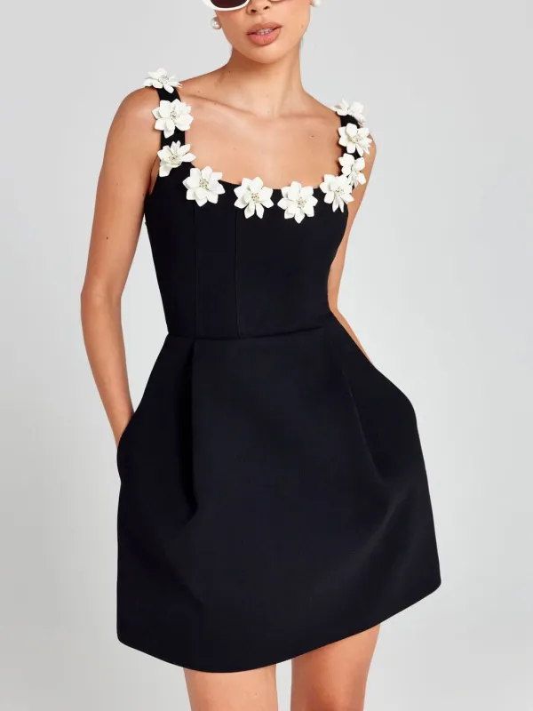 Beaded Floral Pocket Elegant Mini Dress