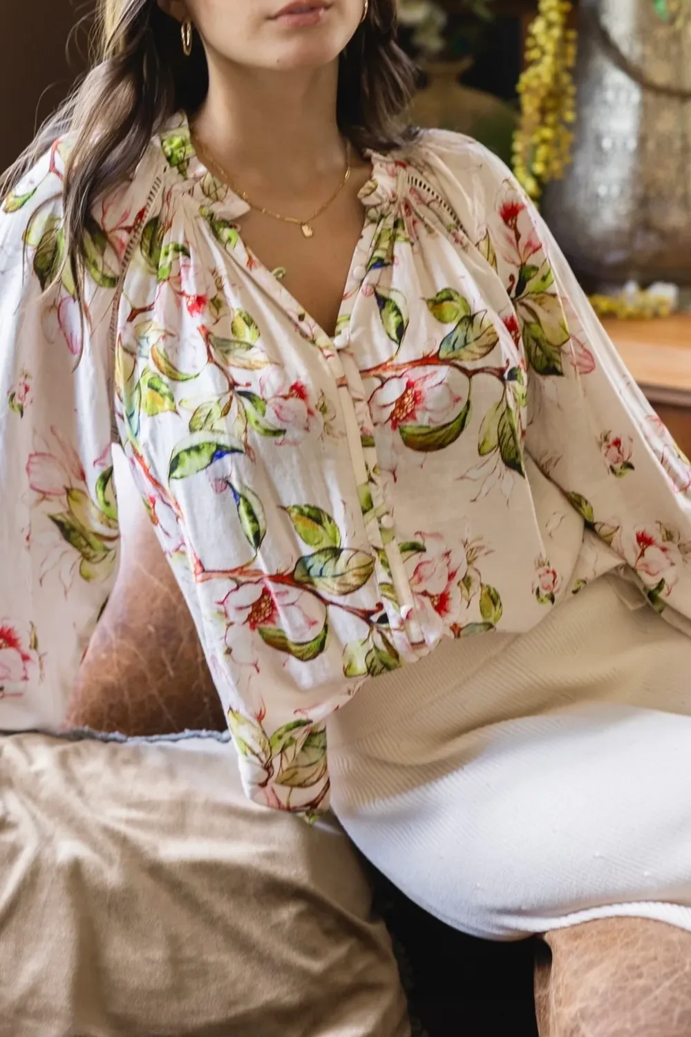 Rose Garden Print Lace Insert Blouse