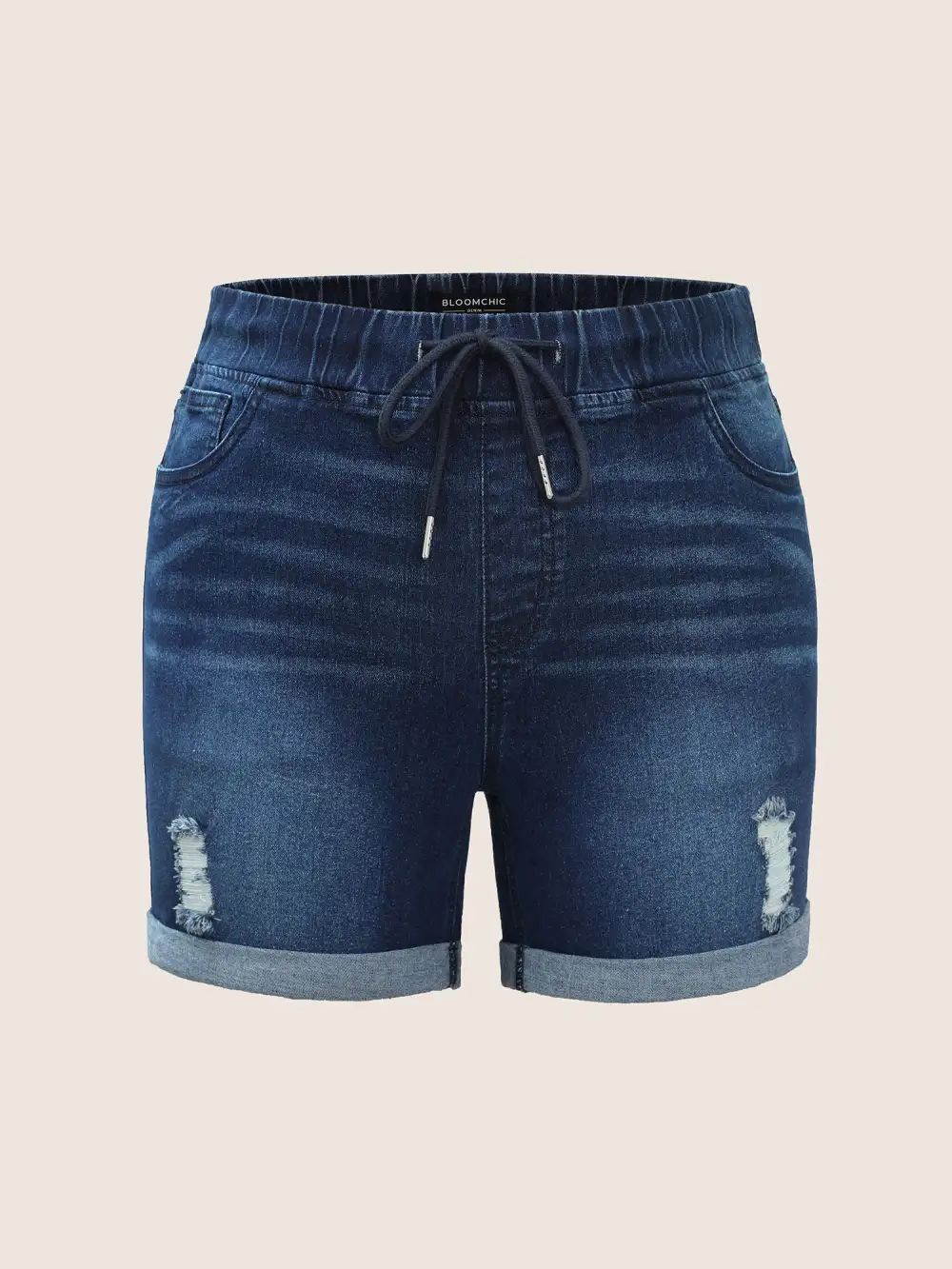 Distressed Drawstring Roll Hem Denim Shorts