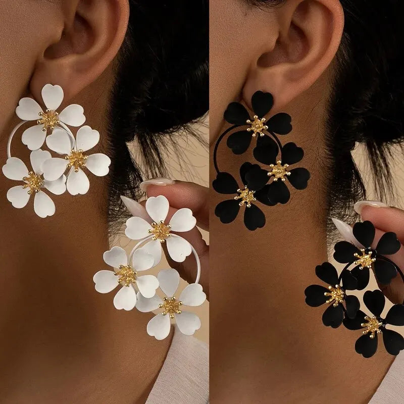 Irbano 2 Pairs Elegant Big Camelia Flowers Stud Earrings White Black Color Copper Earrings Classic Design Wedding Jewelry Girl's Gift