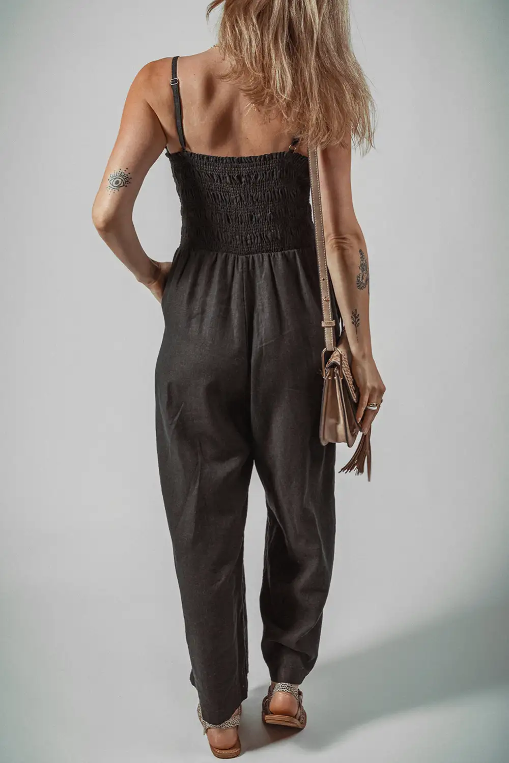 Spaghetti Straps Shirred Bodice Pocketed Wide Leg Jumpsuit