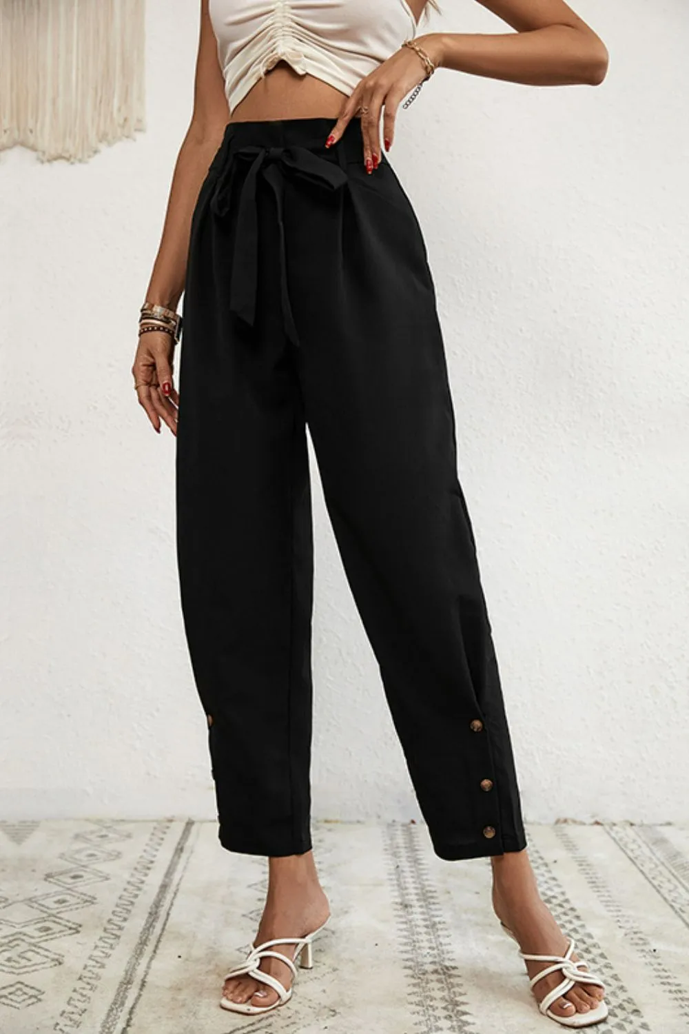 Buttoned Tie Waist Cropped Pants