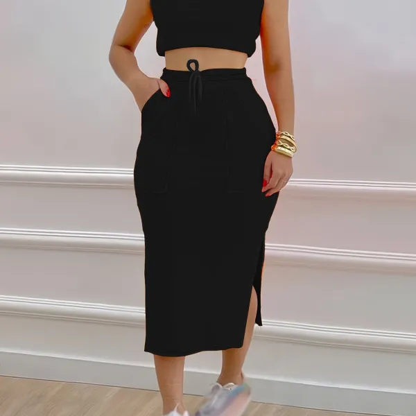 Drawstring Skirt Set: Effortless Summer Style (Tank Top, Split Detail)