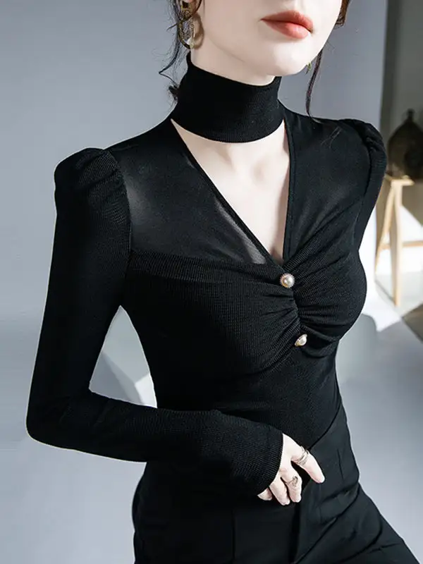 Long Sleeve Slim Fit Mesh Pleat Detail V-Neck T-Shirt