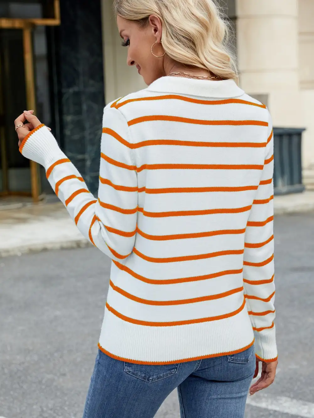 Striped Johnny Collar Long Sleeve Sweater