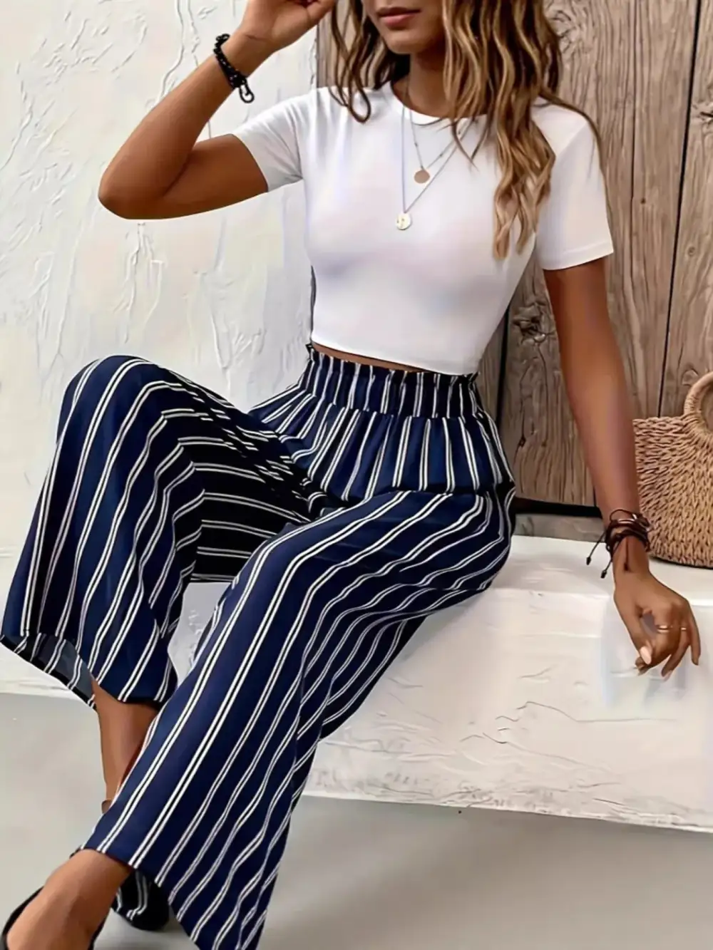 Full Size Striped High Waist Wide Leg Pants