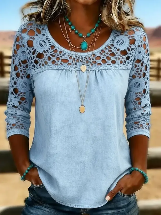 Women's Solid Color Casual Loose Lace Denim Shirt