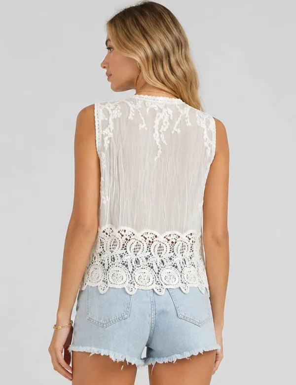 Crochet Lace Rhinestone Beaded Sleeveless Top