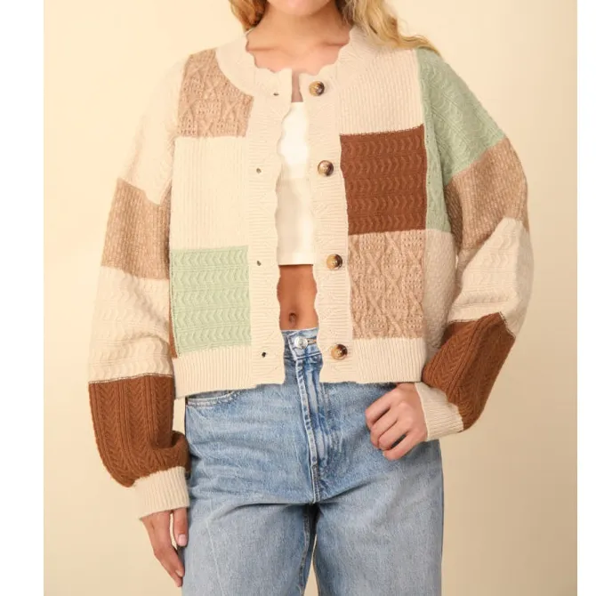 Classic Color Block Button Down Textured Sweater Cardigan