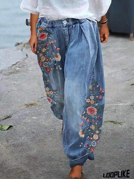 Floral-Print Casual Shift Jeans