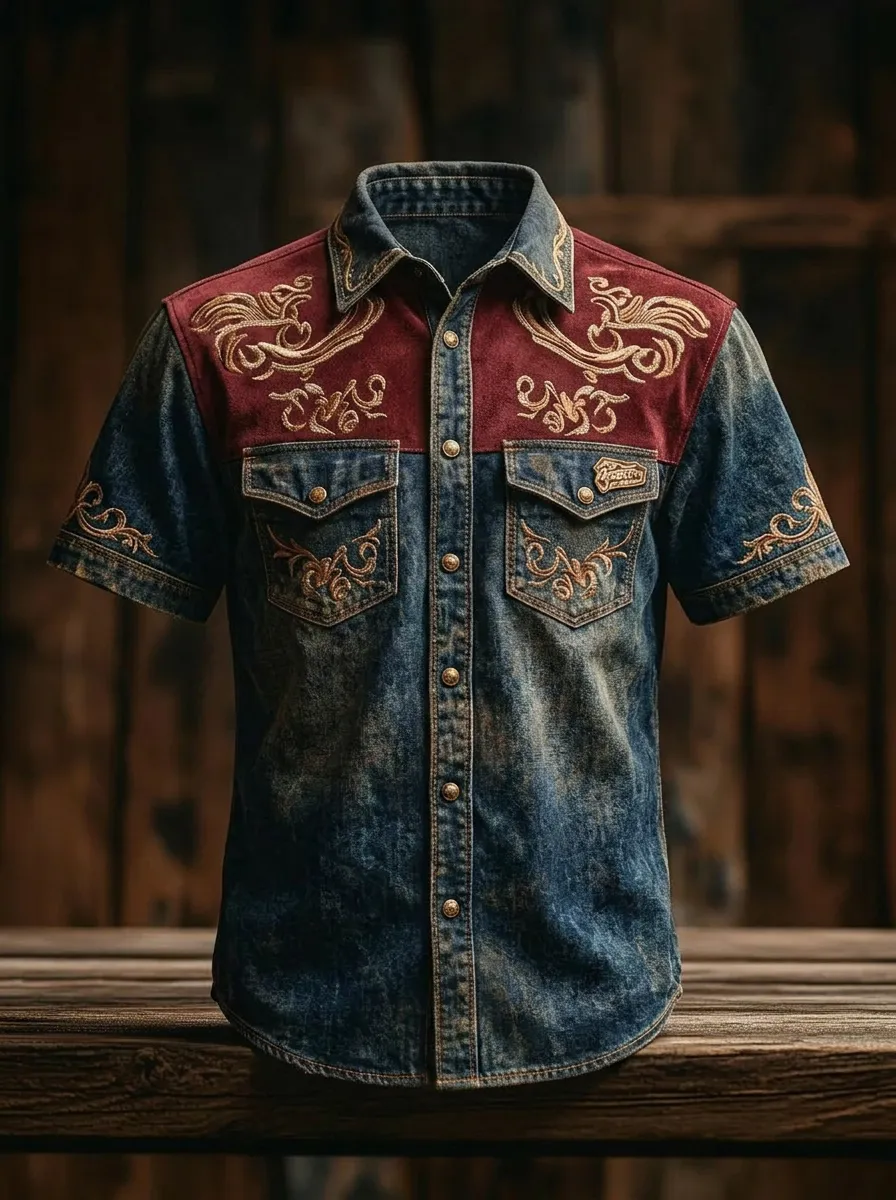 Men's Western Cowboy Embroidered Denim Printed Shirt