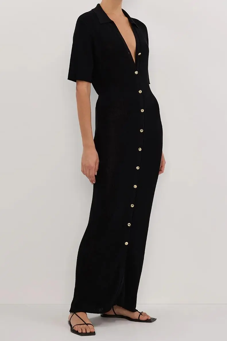 BLACK KNIT POLO MAXI DRESS