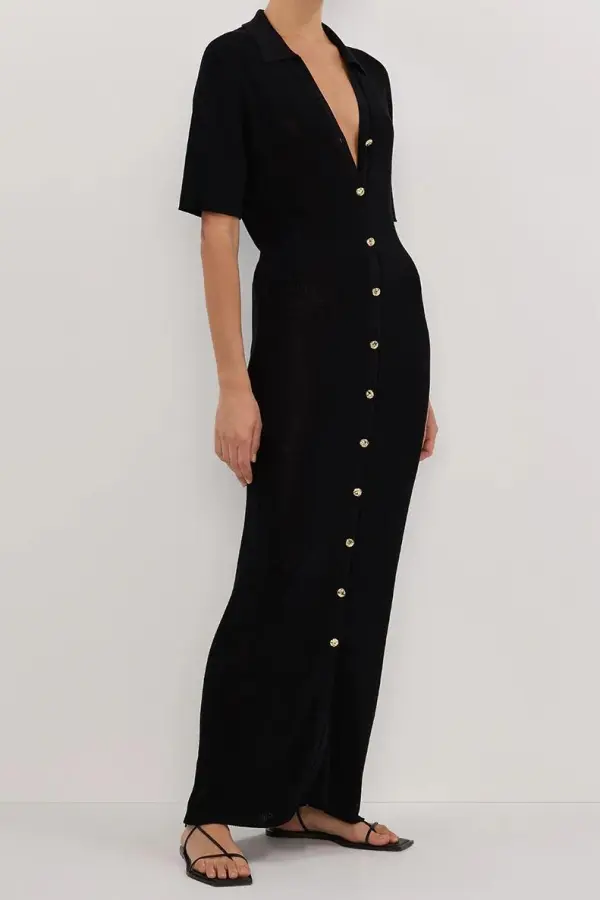 BLACK KNIT POLO MAXI DRESS
