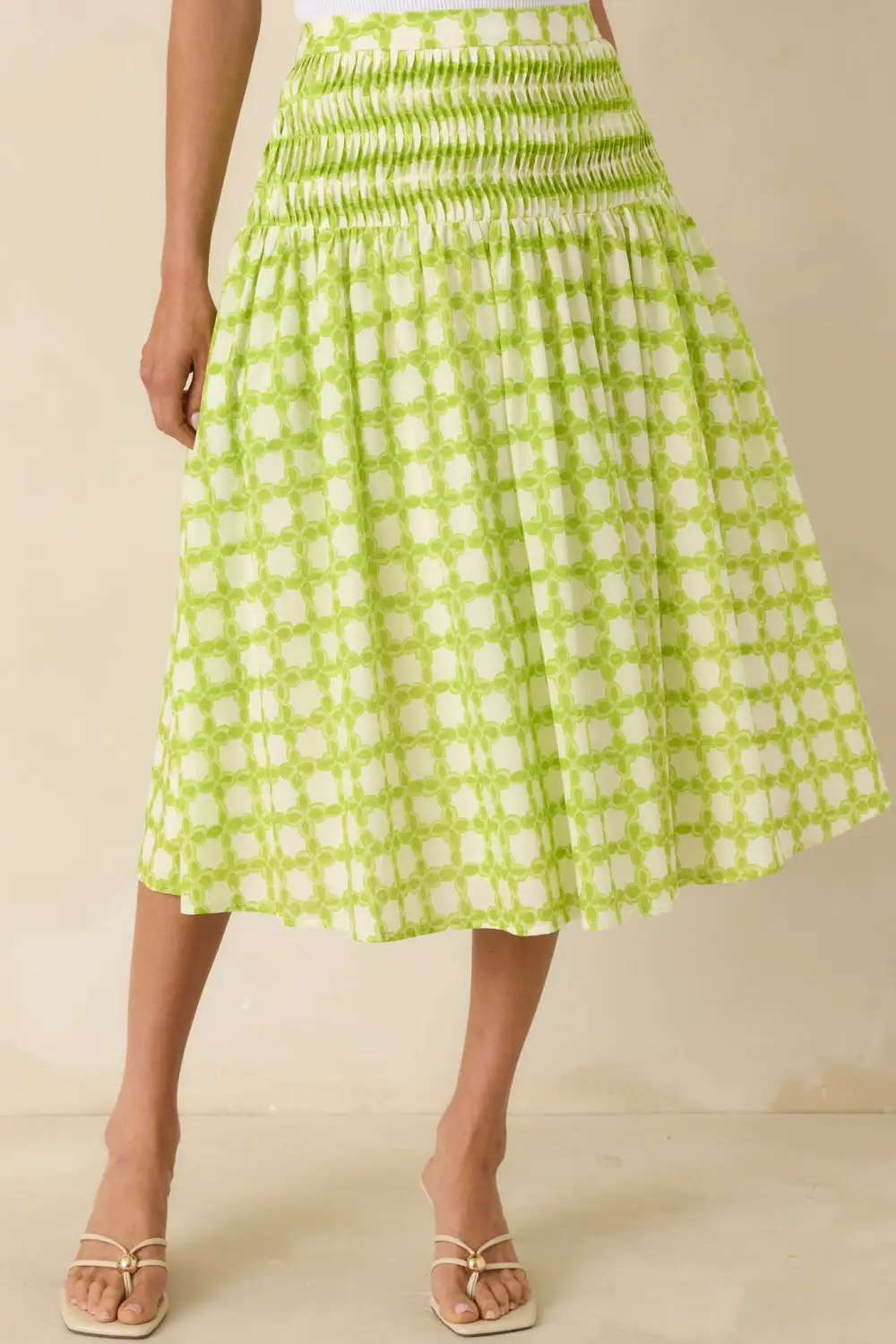 Chartreuse Printed Cotton Midi Skirt