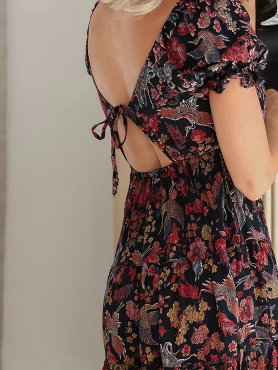 V-Neck Bubble Sleeve Floral Dress
