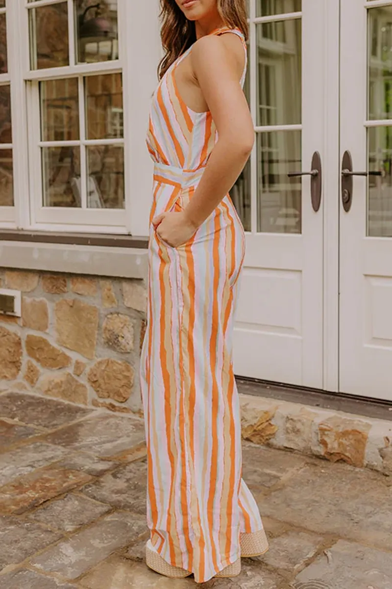 Striped All-Match Cross-Neck Women's Jumpsuit