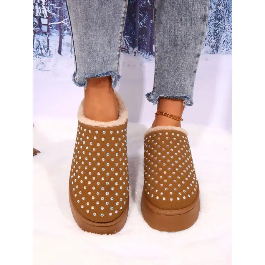 Rhinestone Round Toe Platform Slippers