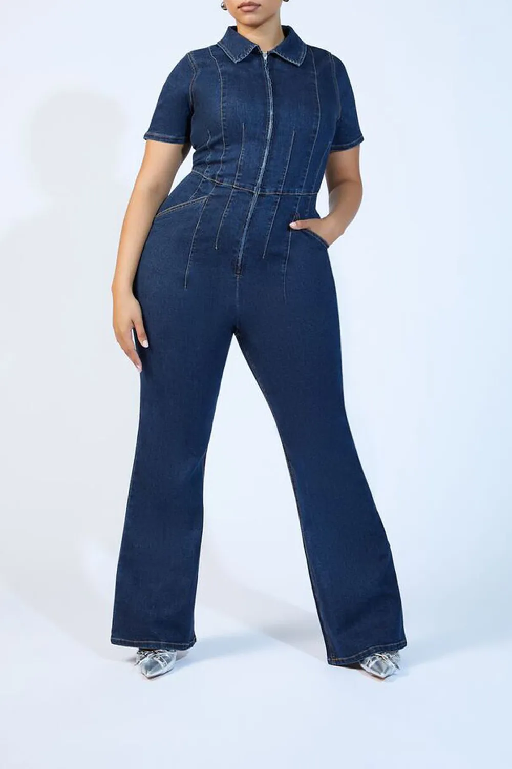 Plus Size Denim Zip-Up Jumpsuit