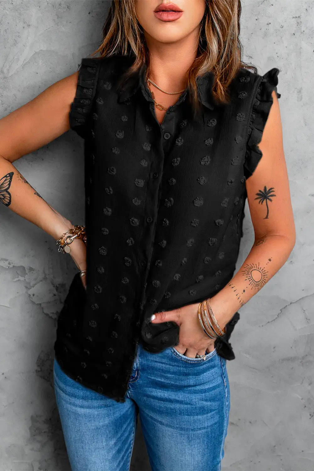Turn-down Collar Ruffle Polka Dot Tank Top