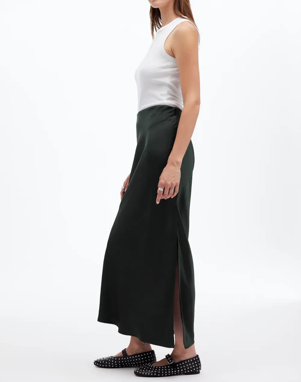 Dark Green Satin Maxi Slip Skirt