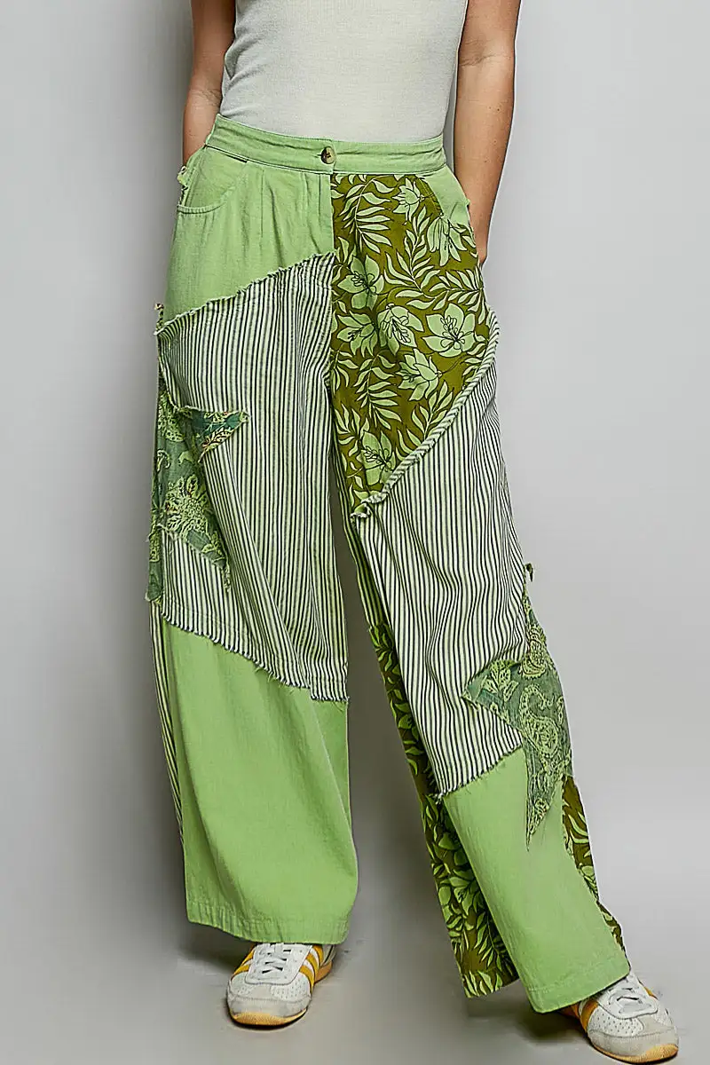 Everyday Striped Floral Patchwork Wide Leg Pants with Side Big Star Patch