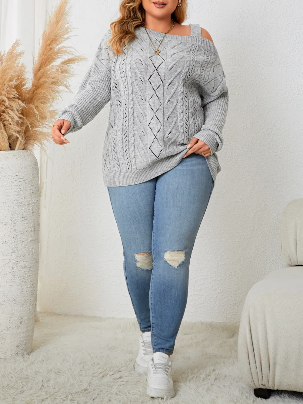 Women Plus Size Knitted Sweater Long Sleeve Off Shoulder Top