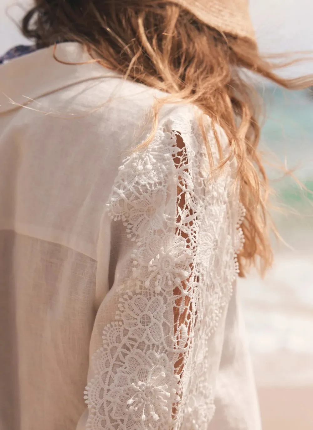 Casual Style White Linen Lace Trim Shirt