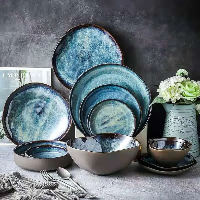 Reactive Glaze Starry Blue Nordic Ceramic Plate, Serving Round Tray, Decorative Salad Dessert Plate, Porcelain Tableware, Dinner Set