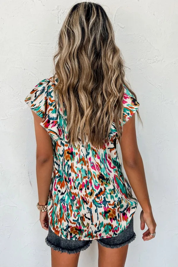 Abstract Print Ruffled Satin Blouse