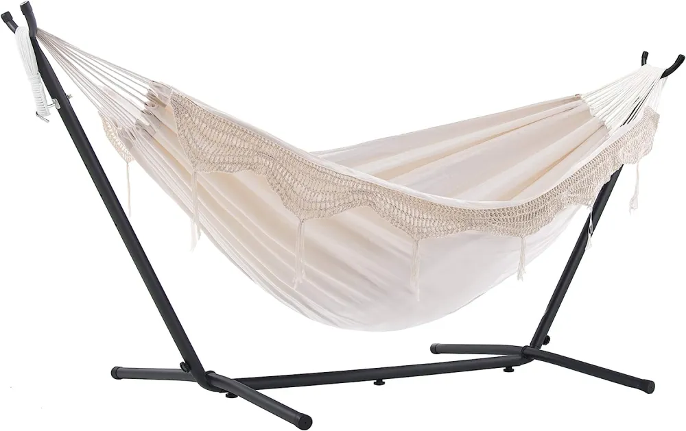 Double Cotton Hammock with Space Saving Steel Stand, Tropical (450 lb Capacity - Premium Carry Bag Included)